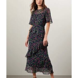 Saloni Blue Floral Chiffon Midi Dress SIZE 6 Silk Ruffle Romantic Designer $800